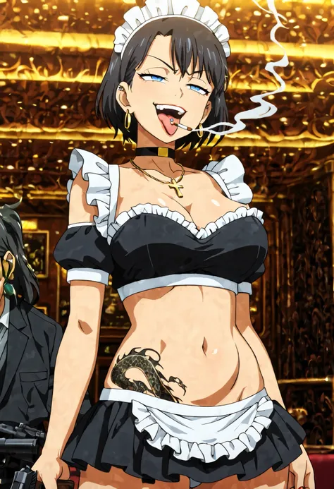 masterpiece, best quality, amazing quality, girl,   short hair, black hair, blue eyes, loop earrings,,nail polish , , makeup , ear piercing , long hair , lipstick , Hot girl , baddie , smoking , sensual , attractive , choker ,  cross necklace ,, ,tongue pi...