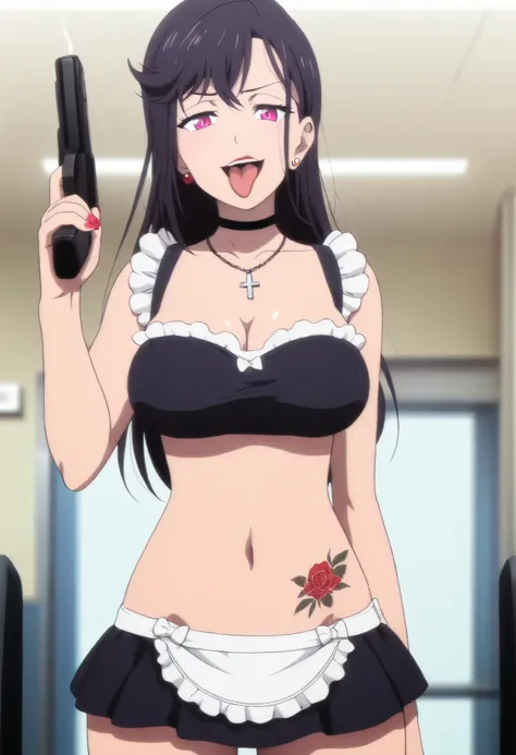 masterpiece, best quality, amazing quality, depth of field, long hair, black hair, purple eyes, , nail polish , , makeup , ear piercing , long hair , lipstick , Hot girl , baddie , smoking , sensual , attractive , choker , cross necklace , tongue out , ...