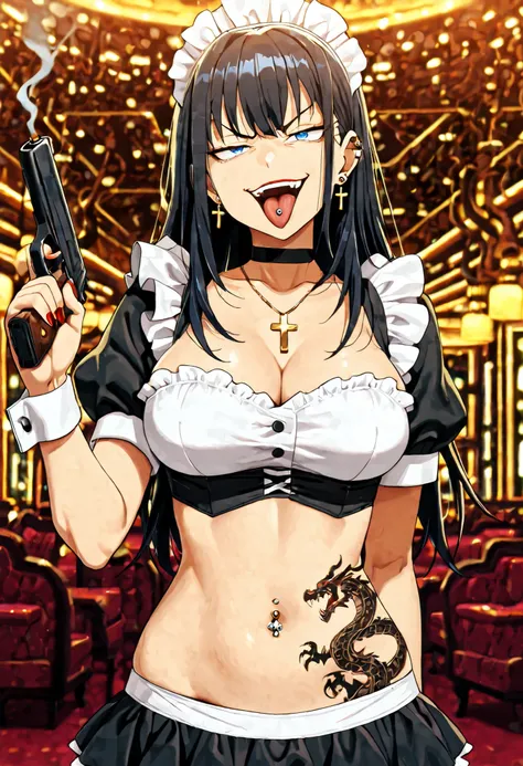 masterpiece, best quality, amazing quality, depth of field,  long hair, black hair, dark blue eyes,  red lipstick,  angry eyes,  solo,nail polish , , makeup , ear piercing , long hair , lipstick , Hot girl , baddie , smoking , sensual , attractive , choker...