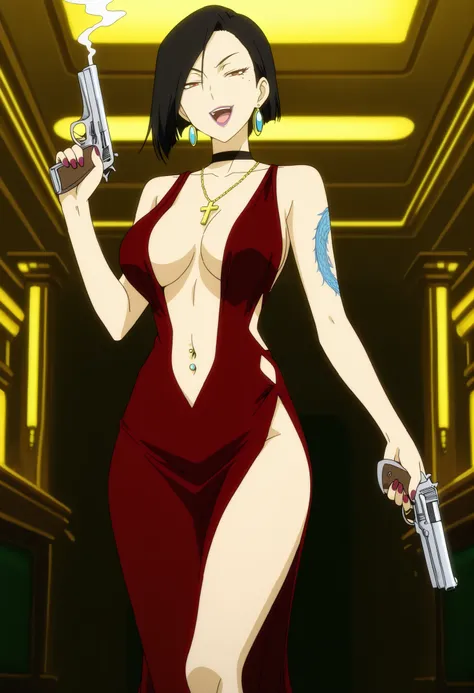 masterpiece, best quality, amazing quality,, aria sanka, short hair, , black hair, mole, mole under eye, makeup, mature female,, anime screencap, dress, jewelry, earrings, necklace, no bra, red dress, lipstick, collarbone,, slooking at viewer, holding, h...