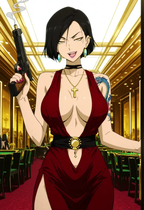 masterpiece, best quality, amazing quality,, aria sanka, short hair, , black hair, mole, mole under eye, makeup, mature female,, anime screencap, dress, jewelry, earrings, necklace, no bra, red dress, lipstick, collarbone,, slooking at viewer, holding, h...