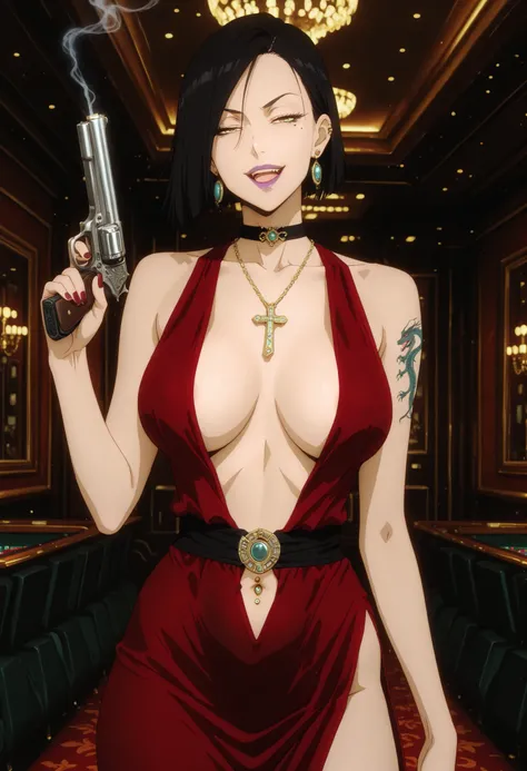masterpiece, best quality, amazing quality,, aria sanka, short hair, , black hair, mole, mole under eye, makeup, mature female,, anime screencap, dress, jewelry, earrings, necklace, no bra, red dress, lipstick, collarbone,, slooking at viewer, holding, h...