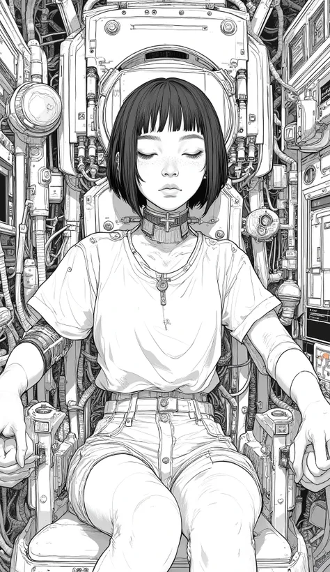 A person seamlessly integrated into a complex network of machines sits in a high-tech chair, Man and machine create a striking juxtaposition. personal, probably young adults, They have short hair and a serene expression, They suggest a state of calm or...