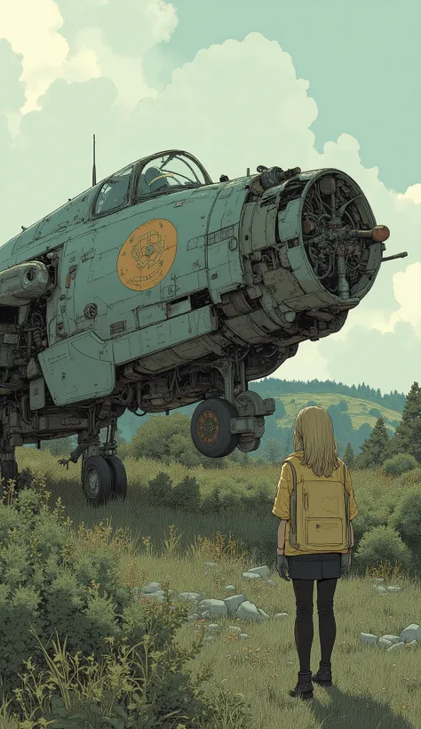 An enigmatic scene unfolds where a young woman is standing in the foreground, are staring at something big, an abandoned fighter surrounded by overgrown grass and shrubs. 彼女teethスカーフを重ねたストライプのパーカーを着ている, suggests her blond hair is flowing down her back, sug...