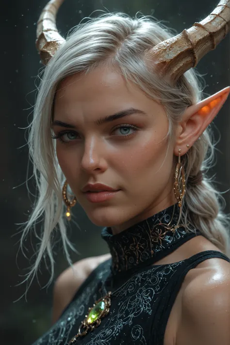 This is a hyperrealistic digital painting of a fantasy elf with fair, pale skin and long, straight white hair. She has large, curved beige horns on her head and pointy ears. Her eyes are a piercing, glowing green, and her lips are a subtle pink. She wears ...