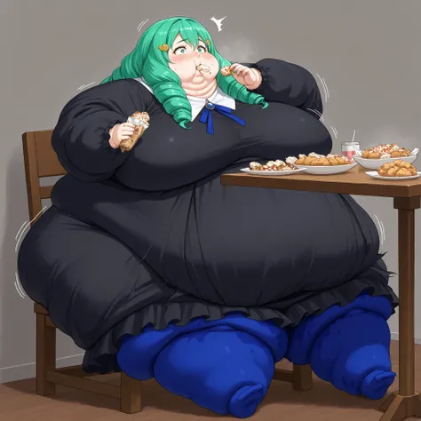 defFlayn, long hair, drill hair, green hair, hairclip, uniform, black dress, blue pantyhose, mature female, , , 1 woman solo, r, fat, chubby, obese, gigantic arms and legs, large breasts , sweating, wet body, sweat stains, full body shot, swollen face, Fat...