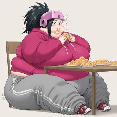 yaoyorozu momo, long hair, bangs, black hair, ponytail, black eyes, high ponytail, wide ponytail,, , , 1 woman solo, hoodie, sweatpants, shoes, messy hair, face acne, r, fat, chubby, obese, gigantic arms and legs, large breasts , sweating, wet body, sweat ...