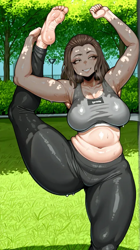 A woman with short, wavy brown hair pulled back loosely, stands in a public park during the day, wearing snug athletic wear—a fitted sports bra and high-waisted leggings that highlight her voluptuous figure: large bust, wide hips, and a soft belly. Her ski...