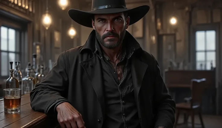 [FLUX] REALISTIC FANTASY MACHINE DIGITAL, 16:9 aspect ratio. Ultra-realistic cinematic waist-up portrait of Jack Crowley inside the Redstone saloon at night. He is seated at the bar, wearing a black wide-brimmed cowboy hat and a dark rugged coat, both with...