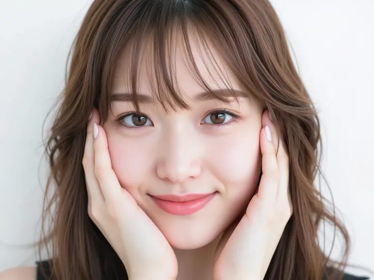 (Refined from an old photo, recreated in a modern, ultra high-quality photorealistic style, with a trendy Reiwa-era hairstyle: soft semi-long hair with natural waves and airy see-through bangs), 
Ultra photorealistic close-up portrait of a beautiful Japane...