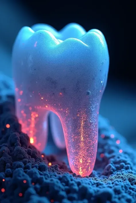 Microscopic biological art，maintains the original structure and arrangement of teeth，Endodontic morphology，dental crystal structure，Sci-fi light effects，blue tint，Futuristic，gingival vascular vein，red silk line art，abstract paintings，High Details