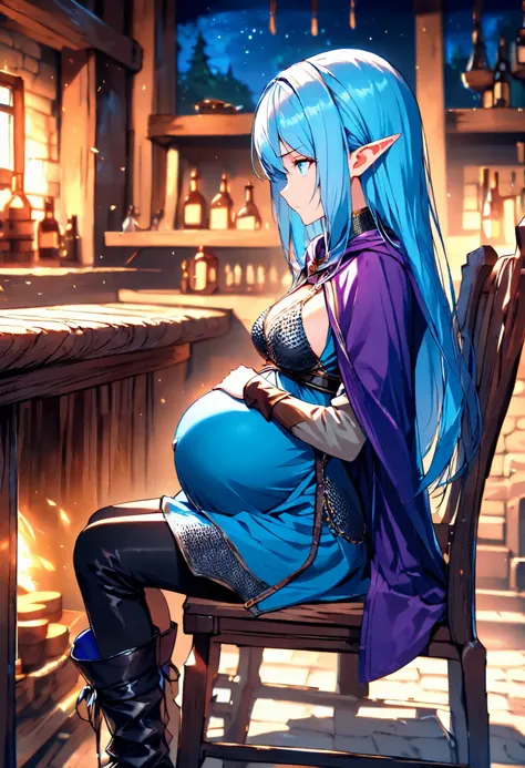 High Resolution, Masterpiece, 4K, tavern interior, night, 1girl, blue hair, long straight hair, blue eyes, medium breasts, pregnant, elf, adult body, chainmail bikini, cyan tunic, purple cloak, black pants, wrapped boots, sitting in chair, stoic expression...