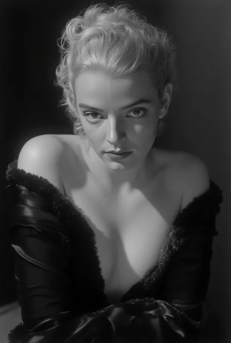 The photograph is in black and white, consistent with classic Hollywood glamour photography of the 1930s. The black and white photograph shows a glamorous girl with a stylish, wavy blonde long hairstyle. She is wearing a black, open dress with a deep neckl...