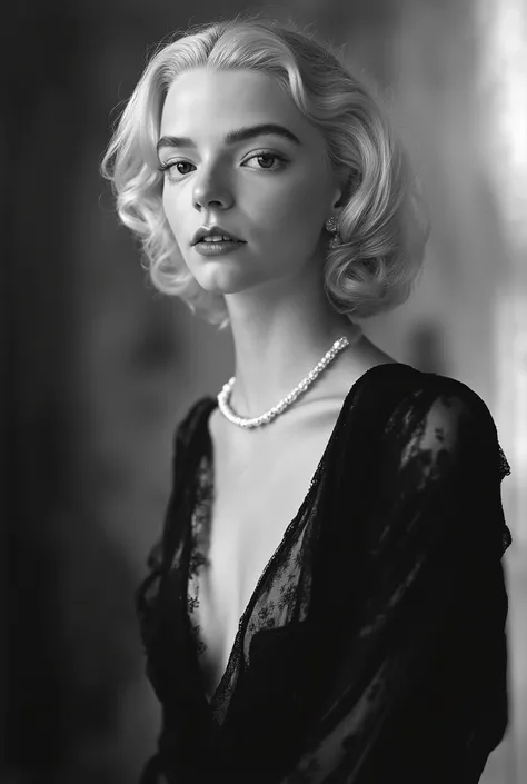 The photograph is in black and white, consistent with classic Hollywood glamour photography of the 1930s. The black and white photograph shows a glamorous skinny girl with a stylish, wavy blonde long hairstyle. She is wearing a black, open sheer dress with...