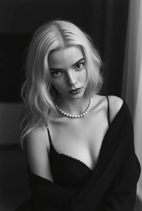 The photograph is in black and white, consistent with classic Hollywood glamour photography of the 1930s. The black and white photograph shows a glamorous girl with a stylish, wavy blonde long hairstyle. She is wearing a black, open dress with a deep neckl...