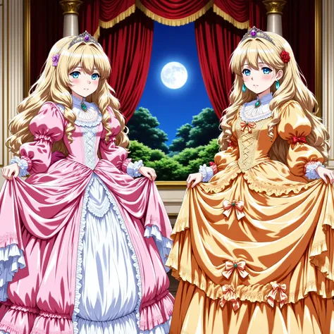 masterpiece, very beautiful, (anime着色, anime), OFFICIAL ART, illustration, 90年代animeスタイル,
1girl, masterpiece, Highest Quality, Ridiculous, OFFICIAL ART, official style, Cute Princess, she's laughing,((colorful silk satin victorian style large ball gown dre...