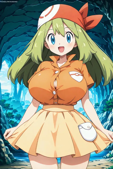 female pokemon trainer, huge breasts, cave interior, top skirt, bandana, long hair, green hair, pokemon anime style,