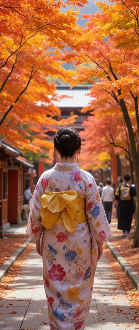 high-definition images、Picture of a beautiful woman wearing a kimono walking through a shrine full of fall foliage、全身high-definition images
