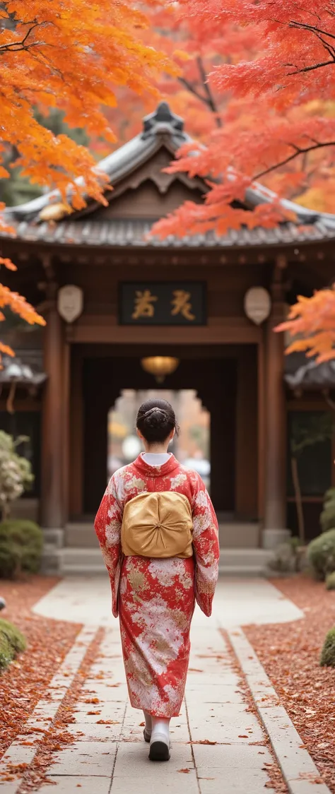 high-definition images、Picture of a beautiful woman wearing a kimono walking through a shrine full of fall foliage、全身high-definition images