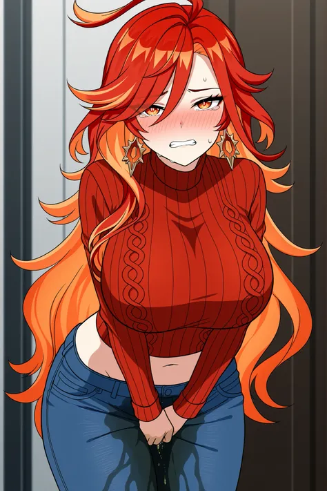 score_9, score_8_up, masterpiece, best quality, anime screencap, 1girl, huge breasts, mavuika \(genshin impact\), long hair, red hair, orange hair, multicolored hair, orange eyes, yellow eyes, colored inner hair, ahoge, turtleneck sweater, jeans, (denim:1....