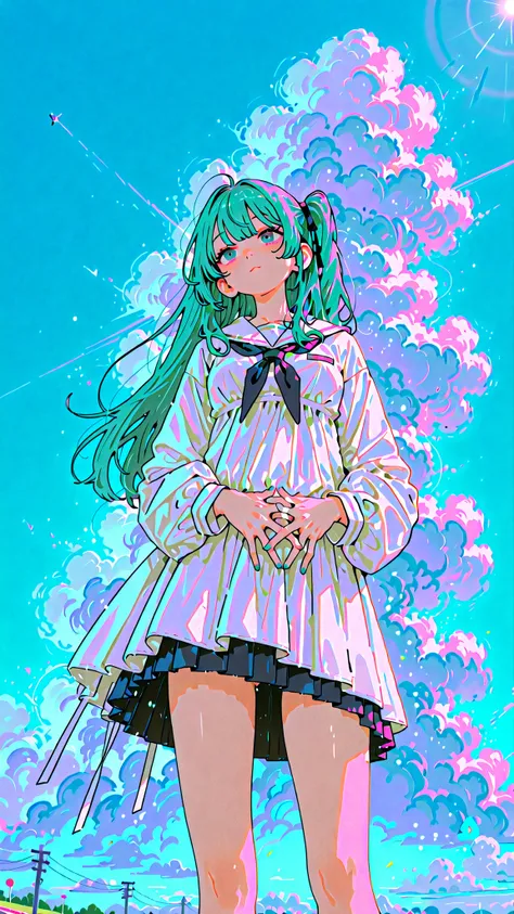 Hatsune Miku（white sailor suit、Black Pleated Skirt） LOOK AT THIS 、Walk on one side of the track、Dynamic Poses、spread your hands left and right to balance、hair that flutters in the wind、skirt fluttering like a model、beautiful thighs、Take a peek at the ruffl...