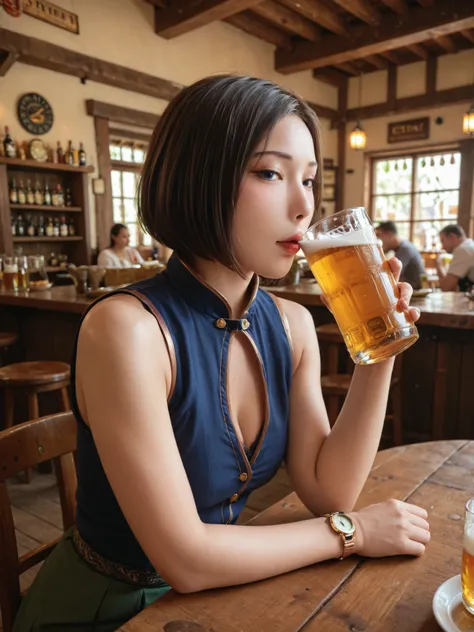 Highest Quality, masterpiece,watch viewers,Armpit,sweat,Soft Touch,Delicate Body Curves,realistic human anatomy diagram,dark haired,bob cut,big boobs,sleeveless,Chest Valley,Tavern,seated,beer,table,chairs,drinking, tipsy,married woman,cooking,