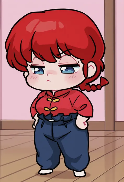 Ranma Saotome, red hair, Hair with a braid, blue eyes, Big breasts, NSFW,  sexy hips, sexy waist, red shirt with yellow buttons, blue pants, Japanese Dojo , by day, alone, without people in the background, pretty woman, Cute anime girl, blushed, standing, ...