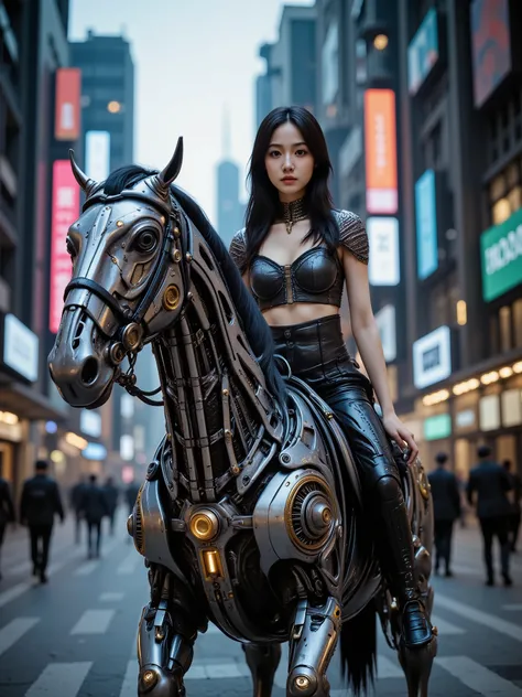 A woman rides a mechanical horse、cyberpunk、4K High Definition Photo,Extreme Details,Photographic Realistic,Professional,vivid colors,Bokeh,cyberpunkの雰囲気,Advanced Futuristic City,Metal machines, woman's face ,cool expression,Strong Poses,Unreal Engine,photo...