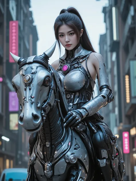 A woman rides a mechanical horse、cyberpunk、4K High Definition Photo,Extreme Details,Photographic Realistic,Professional,vivid colors,Bokeh,cyberpunkの雰囲気,Advanced Futuristic City,Metal machines, woman's face ,cool expression,Strong Poses,Unreal Engine,photo...