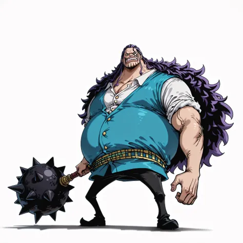 (male), (Old man), (short legs), (large arm), (giant character), (giant body), (very fat body), (purple hair), (long hair), (no bangs hair), (black eyes), (villain face), (no beard), (no mustache), (solo), (single character), (full body version), (white ba...