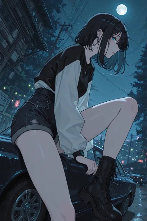 (masterpiece, best quality, ultra-detailed, Anime style, illustration, fantasy art) Outside: half-sideways, head turned towards viewer, one leg put forward (Knee-bent), dark-haired girl, hair develops in the wind, Piercing blue eyes, long lashes, watch th...