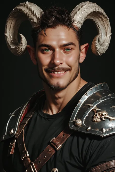 This hyperrealistic digital painting shows a half-human half-demon warrior, he has bright green eyes, bone-colored curving horns, a goatee, and a very friendly smile, his hair is long and tied back, he wears a black tunic with bright red details and golden...