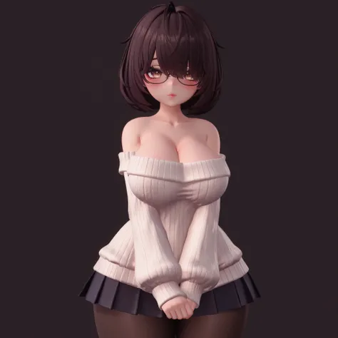 masterpiece, ultra-HD, impressionism, high detail, best quality, very aesthetic, 8K, best quality, beautiful, ultra-high resolution, 32K UHD, 3D, VRChatStyle, 1girl, solo, short messy dark brown hair, fluffy hair, hair over eyes, bob cut, glasses, almond-s...