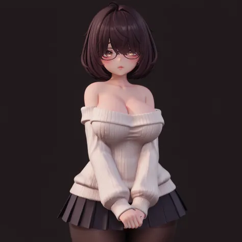 masterpiece, ultra-HD, impressionism, high detail, best quality, very aesthetic, 8K, best quality, beautiful, ultra-high resolution, 32K UHD, 3D, VRChatStyle, 1girl, solo, short messy dark brown hair, fluffy hair, hair over eyes, bob cut, glasses, almond-s...