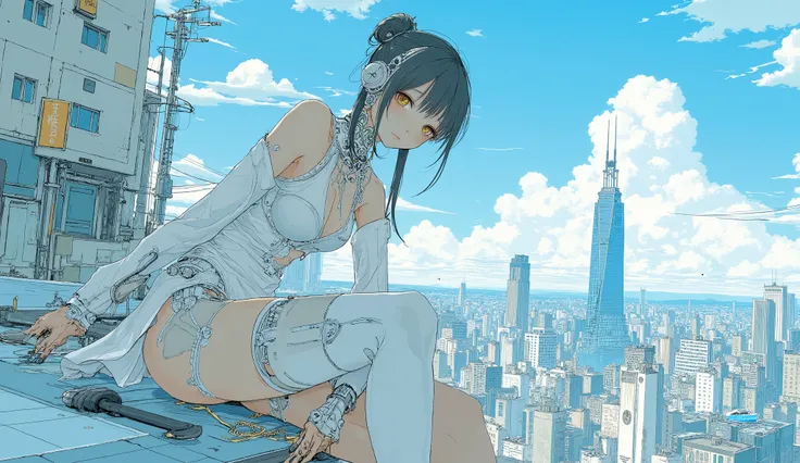 covered erectile nipples、cyborg girl naked、 Mechanical Body 、Video、Picturesque pose on the roof of a skyscraper、cyberpunk style in itself、Extreme viewpoint、perspective、low position、low angle、Wide Angle Lens、soft、light、Lightweight、dutch angle、flat anime、