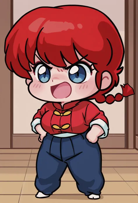 Ranma Saotome, red hair, Hair with a braid, blue eyes, Big breasts, NSFW,  sexy hips, sexy waist, red shirt with yellow buttons, blue pants, Japanese Dojo , by day, alone, without people in the background, pretty woman, Cute anime girl, blushed, standing, ...