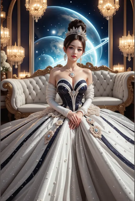 A beautiful Asian idol girl with white skin, douyin-style makeup face, With fake giant breasts, blue eyes, wearing a tight strapless dress that presses the breasts, with a sexy and slim body, a small waist, sitting in space, UHD, luxurious dress, a dress d...