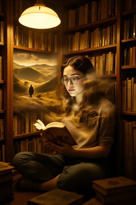 A cozy 1950s bookstore corner under amber light. In the foreground, a cute young woman with round glasses sits cross-legged in the corner, lost in a book, her face lit warmly by the lamp above her. The air is filled with the soft texture of paper and polis...