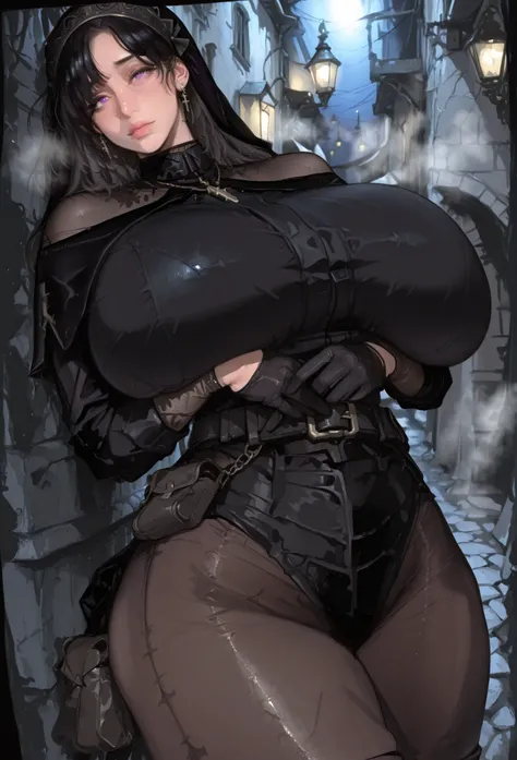r31t0m, cross necklace, cross earrings, black veil, long gloves, purple eyes, parted bangs, black hair, long hair, straight hair, black light armor, black capelet, black belt, black  belt pouch, black ankle boots, black nun outfit, black glove, pantyhose, ...