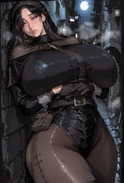 r31t0m, cross necklace, cross earrings, black veil, long gloves, purple eyes, parted bangs, black hair, long hair, straight hair, black light armor, black capelet, black belt, black belt pouch, black ankle boots, black nun outfit, black glove, pantyhose, ...