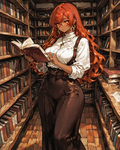 Highest Quality、Beauty Portrait, A quiet corner of a bookstore, Soft amber lighting,  wooden bookshelf, Old and new books lined up in an orderly manner, Woman Standing Reading, (Adult Woman、tanned brown skin、long crimson hair、orange eyes、perfect curvy head...