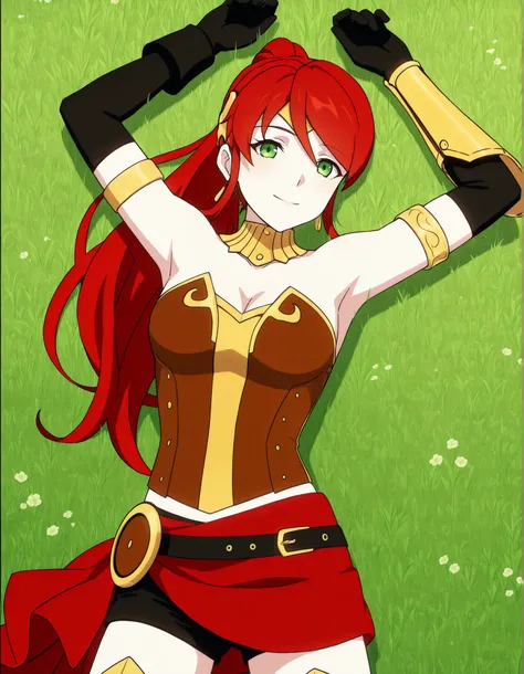 PyrrhaNik0s, 1girl, red hair, long hair, ponytail, green eyes, athletic female,
PyrrhaHuntress, bracers, elbow gloves, anime screencap, high quality, solo, lying, on back, arms up, legs apart, cowboy shot, from above, closed mouth, on grass, looking at vi...