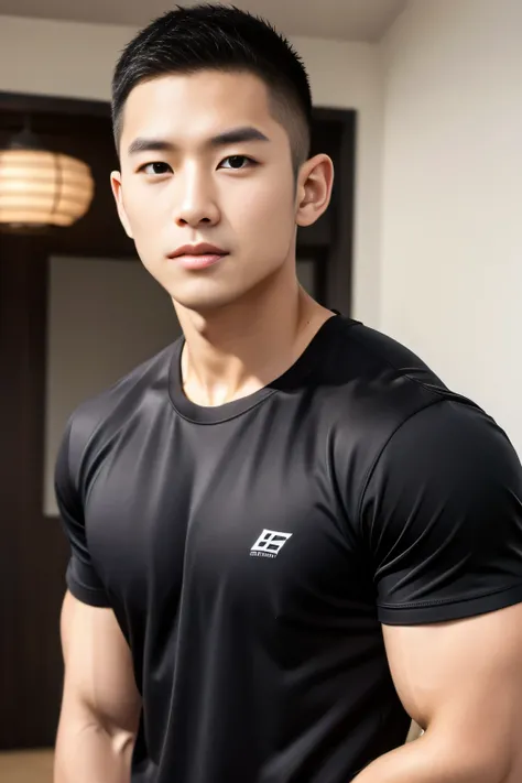 18-year-old male、Japanese、handsome guys、Macho、athletes、plain black clothes、Shaved head