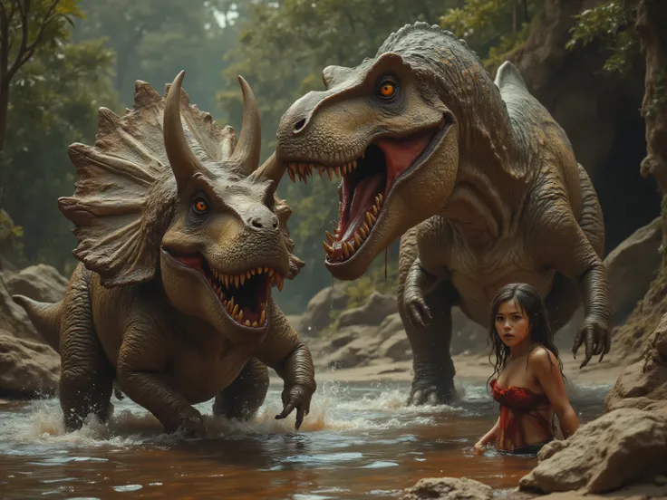 Prehistoric era, A Tyrannosaurus Rex and a Triceratops are fighting in a watering hole. A nearby young cavewoman in the water looks scared. The Triceratops already has damage around the face, missing chunks of flesh, blood flowing, Ultra-realistic, photo-r...