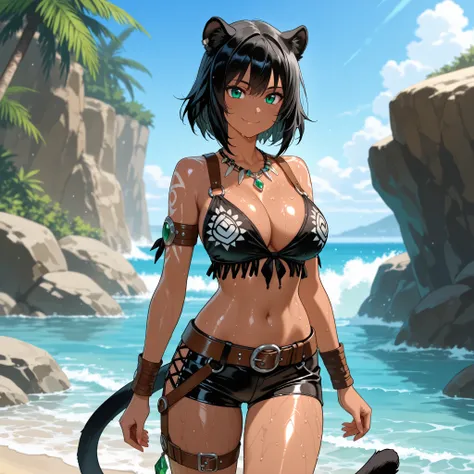 A beautiful panther-like demi-human with straight black hair, black feline ears and tail, emerald eyes, dark skin, a slender figure, and large breasts. She wears a hybrid tribal explorer-hunter outfit: a black panther-patterned blouse, reinforced with brow...