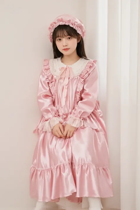 high quality,Super Detailed,3k photos,get used to it,girl in pink nightgown,long sleeve,Long Skirt,pink ruffle round hat,full body, (( 10 year old Japanese girl,Short Height,solo)),super fine young face,,lovely smile,baby-like face,is short,,(((straight lo...