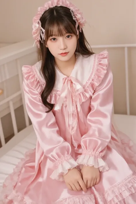 high quality,Super Detailed,3k photos,get used to it,girl in pink nightgown,long sleeve,Long Skirt,pink ruffle round hat,full body, (( 10 year old Japanese girl,Short Height,solo)),super fine young face,,lovely smile,baby-like face,is short,,(((straight lo...