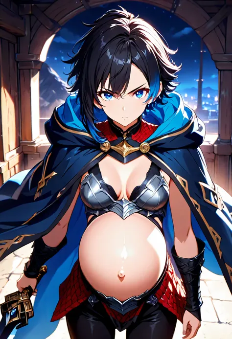 High Resolution, Best Quality, Super Detailed, Masterpiece, 4K, barracks interior, night, 1girl, black hair, short hair, raised hair, asymmetrical hair, blue tips, blue eyes, flat-medium breasts, pregnant, tall body, adult body, cyan cloak with black trim,...