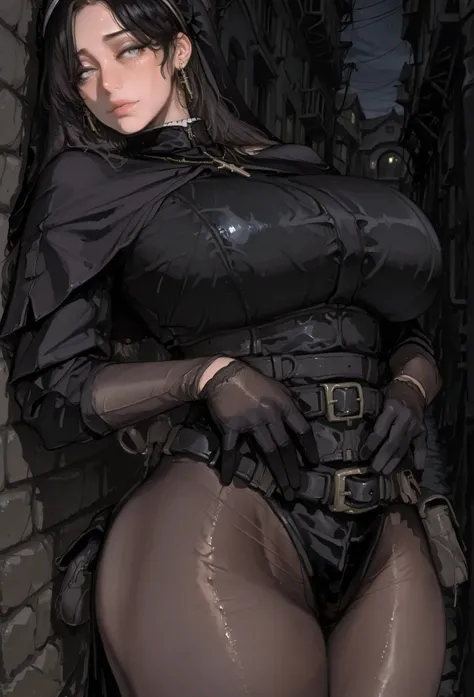 lelia, cross necklace, cross earrings, veil, long gloves, grey eyes, parted bangs, black hair, long hair, straight hair, black light armor, black capelet, black belt, black  belt pouch, black ankle boots, black nun outfit, black glove, pantyhose, mamimi, b...