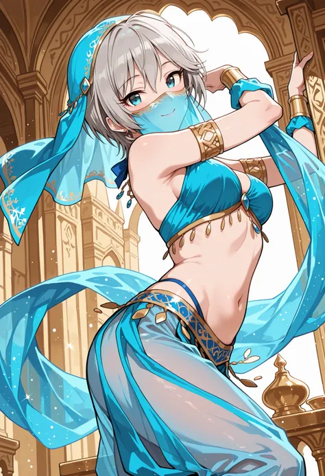 Score_9, score_8_up, score_7_up, source_anime, anastasia/(idolmaster/), solo, short hair, grey hair, blue eyes, (best quality), (high quality), {masterpiece}, extremely delicate and beautiful, ultra-detailed, beautiful detailed eyes, blue arabian clothes, ...